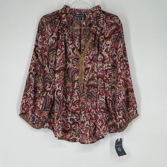 NWT DEMOCRACY Top XL 3/4 Blouson Sleeve Ruffle Split V-Neck Printed Sage Berry - Picture 6 of 16